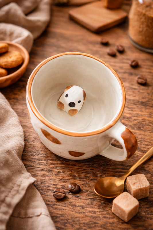 Handmade Cute Ceramic Pinterest Inspired Dog Mug - 350 ML, Brown and Beige, Romantic Gift for Anniversary, Birthday, Boyfriend, Girlfriend, Coffee & Tea Lovers, Valentine's Day ||Microwave safe(Pack of 1)