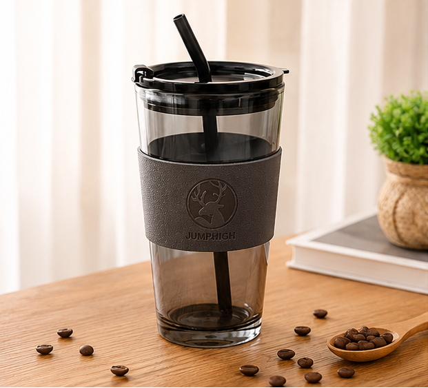 Glass Mason Jar with Heat Resistance Leather Grip