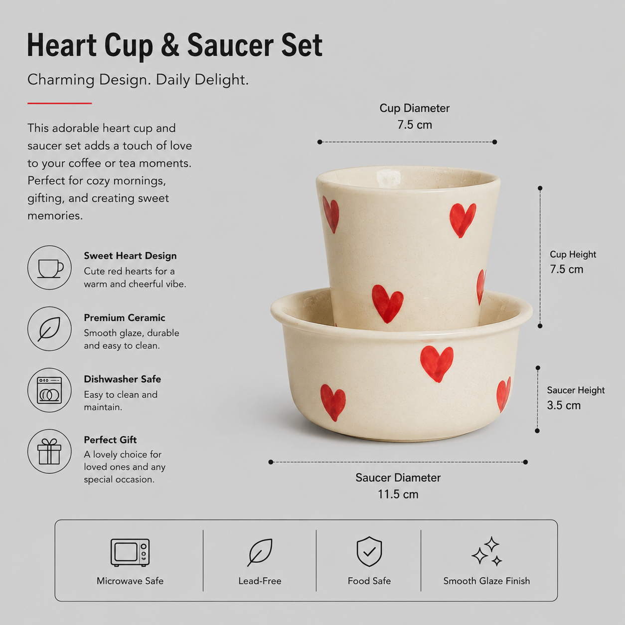 Filter Coffee Heart-Shaped Ceramic Cup & Saucer