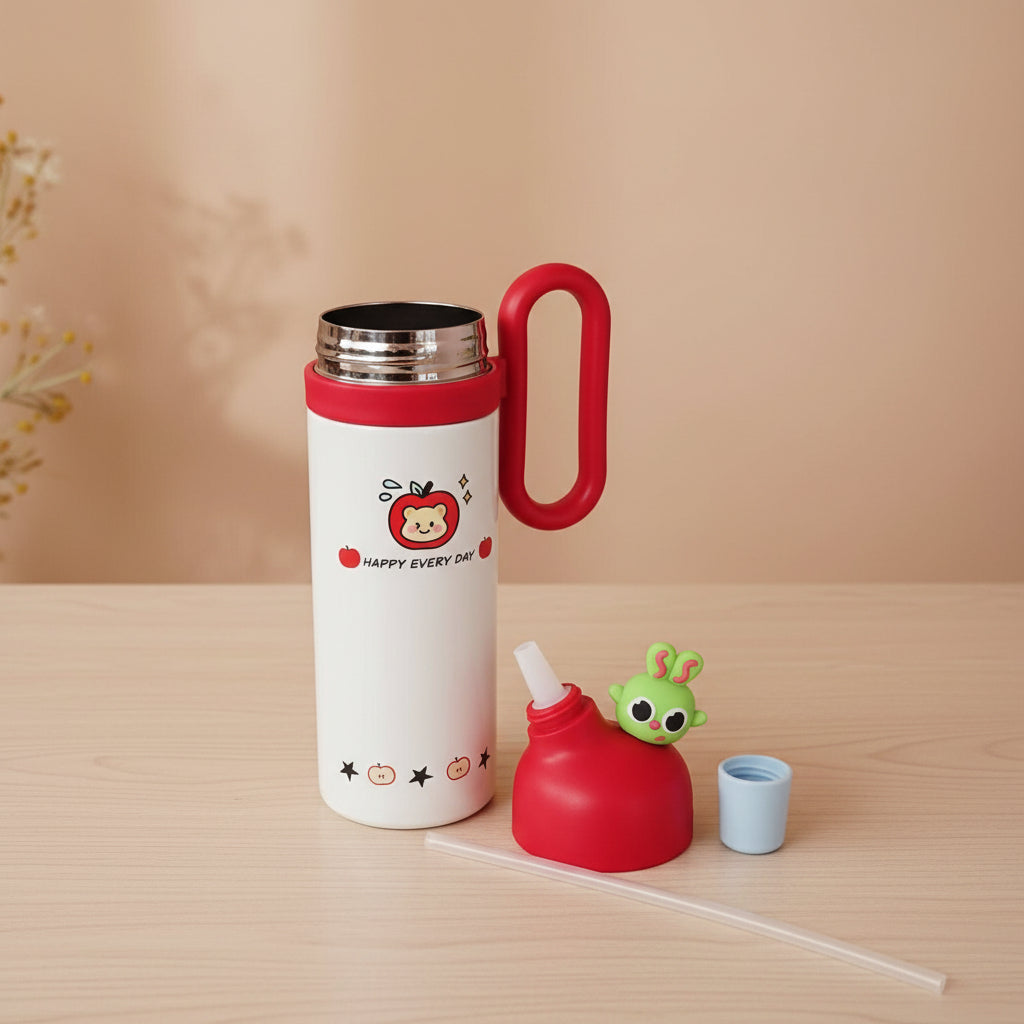 White thermos with red handle and accessories on a wooden surface