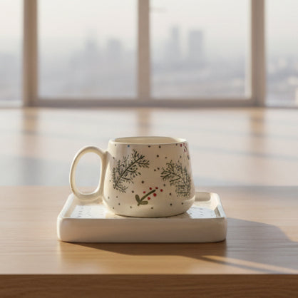 Handcrafted Pine & Berry Ceramic Cup and Saucer Set | Durable & Microwave Safe | Cute Tea Cups (350ml) for Home, Office and Gifting item for Couples, Men & Women | Daily Use