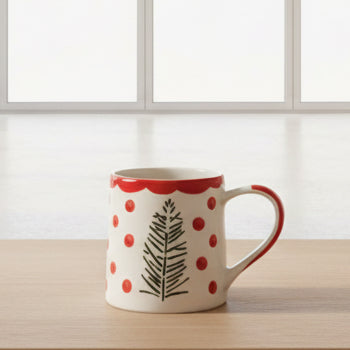 Handcrafted Pine & Red Scallop Ceramic Mug 250 ML, Romantic Gift for Anniversary, Birthday, Boyfriend, Girlfriend, Coffee & Tea Lovers, Valentine's Day ||Microwave safe(Pack of 1)