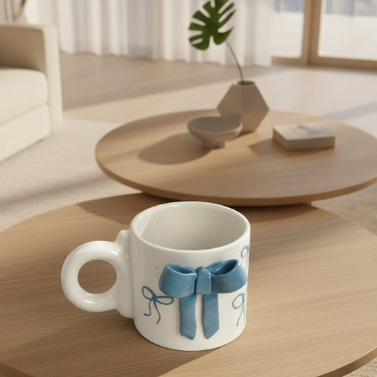 Handmade Ceramic Cute Blue Ribbon Glasses|| Microwave safe|| Gifting || Chai & Coffee lovers Set of 1