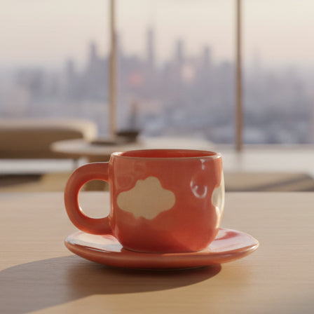 Aesthetic Peach Cloud Ceramic Cup and Saucer Set(250ml) | Pinterest Style Handcrafted Coffee Mug Set for Home, Office & Gifting | Microwave & Dishasher Safe | Daily use (Pack of 1)