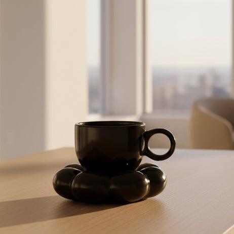Black Ceramic Sunflower Bloom Coffee Mug & Saucer