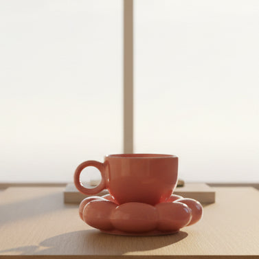 Premium Pink Ceramic Sunflower Bloom Coffee Mug with Stylish Bubble Base Saucer Set | Designer Cup | Modern Aesthetic Drinkware | Unique Gift Mug for Home & Office | Microwave Safe | Daily Use - 350ml Capacity