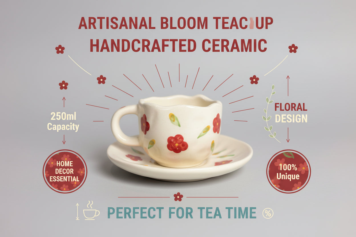 Floral Scalloped Ceramic Cup and Saucer Set