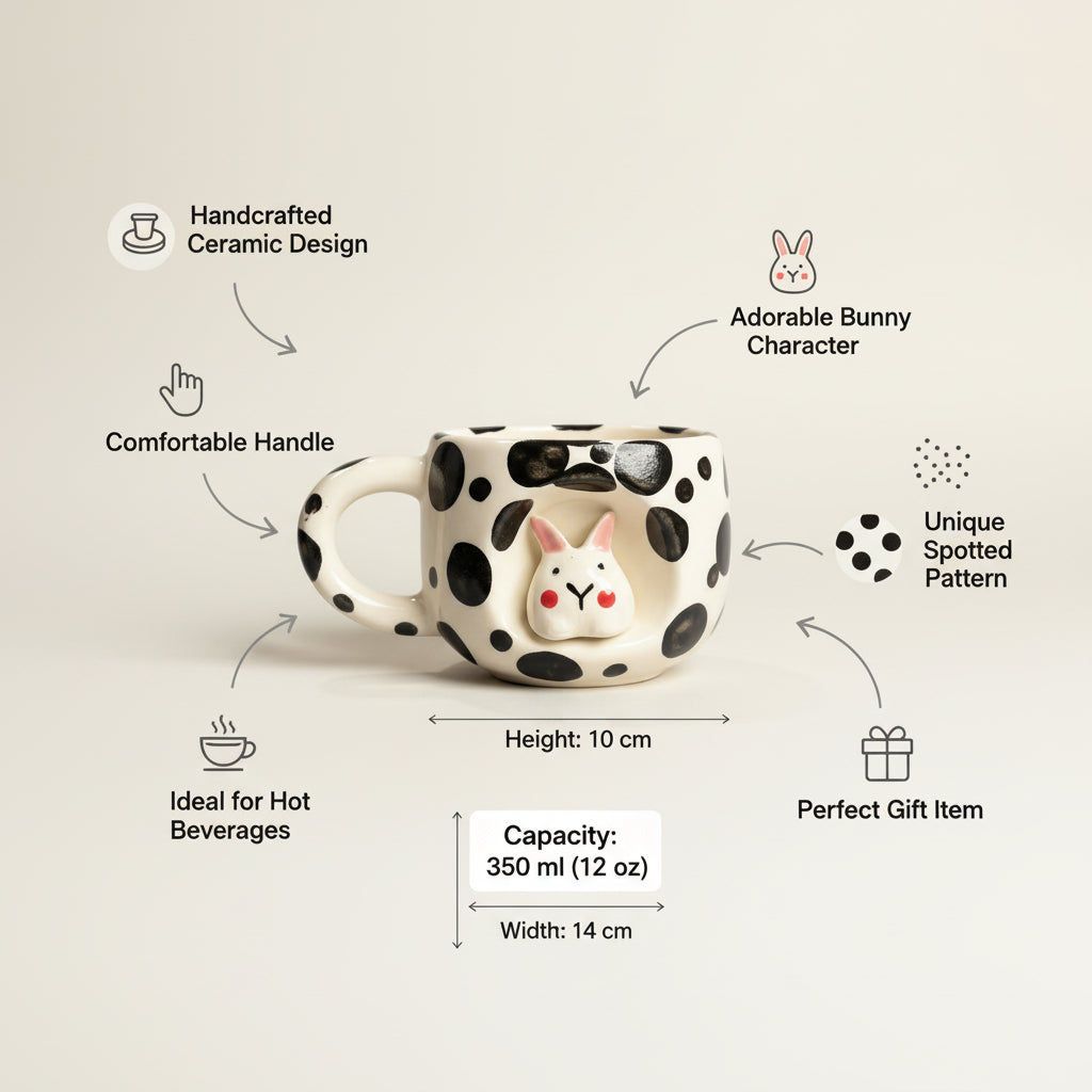 Handmade Cute Ceramic Pinterest Inspired Bunny Mug (350 ML) | White and Black, Romantic Gift for Anniversary, Birthday, Boyfriend/Girlfriend, Coffee & Tea Lovers, Valentine's Day | Microwave & Dishwasher Safe | Daily use (Pack of 1)