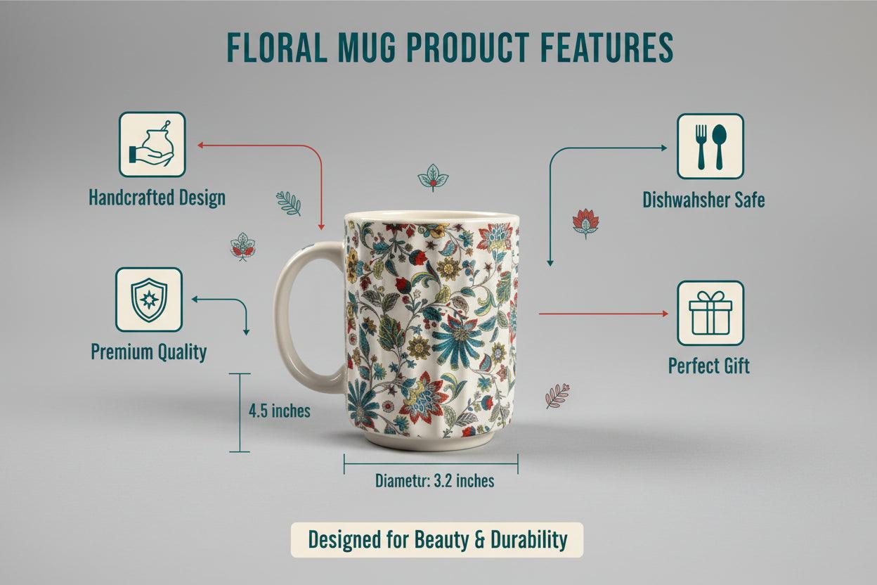Handcrafted Blue Stag Floral Ceramic Coffee Mug - Big