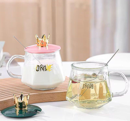 Cute Glass Cup With Lid & Spoon