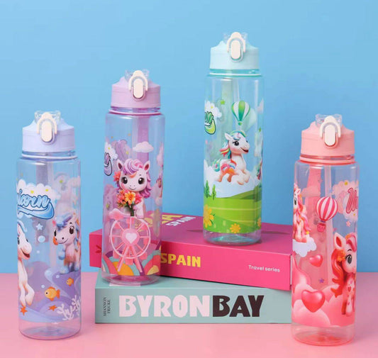 Pink unicorn water bottle with silicone straw and colorful unicorn graphics