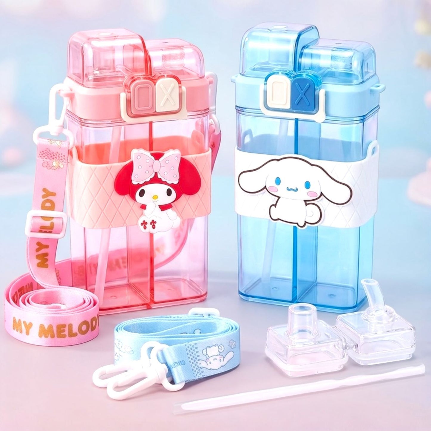 Cute Cartoon Water Bottle With Double Compartments & Sipper Options