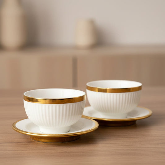 White Ceramic Bowl & Plate Set with Gold Rim(Set of 2)