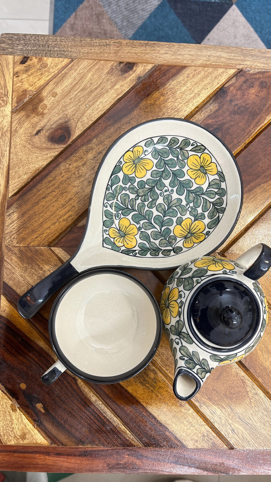 Yellow And Black Floral Print Tea Pot and Cup With Serving Platter(250 ml, 300ml and 400ml)