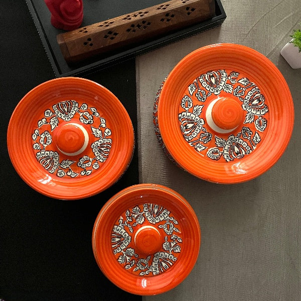 Vibrant Orange Floral Ceramic Casserole Set