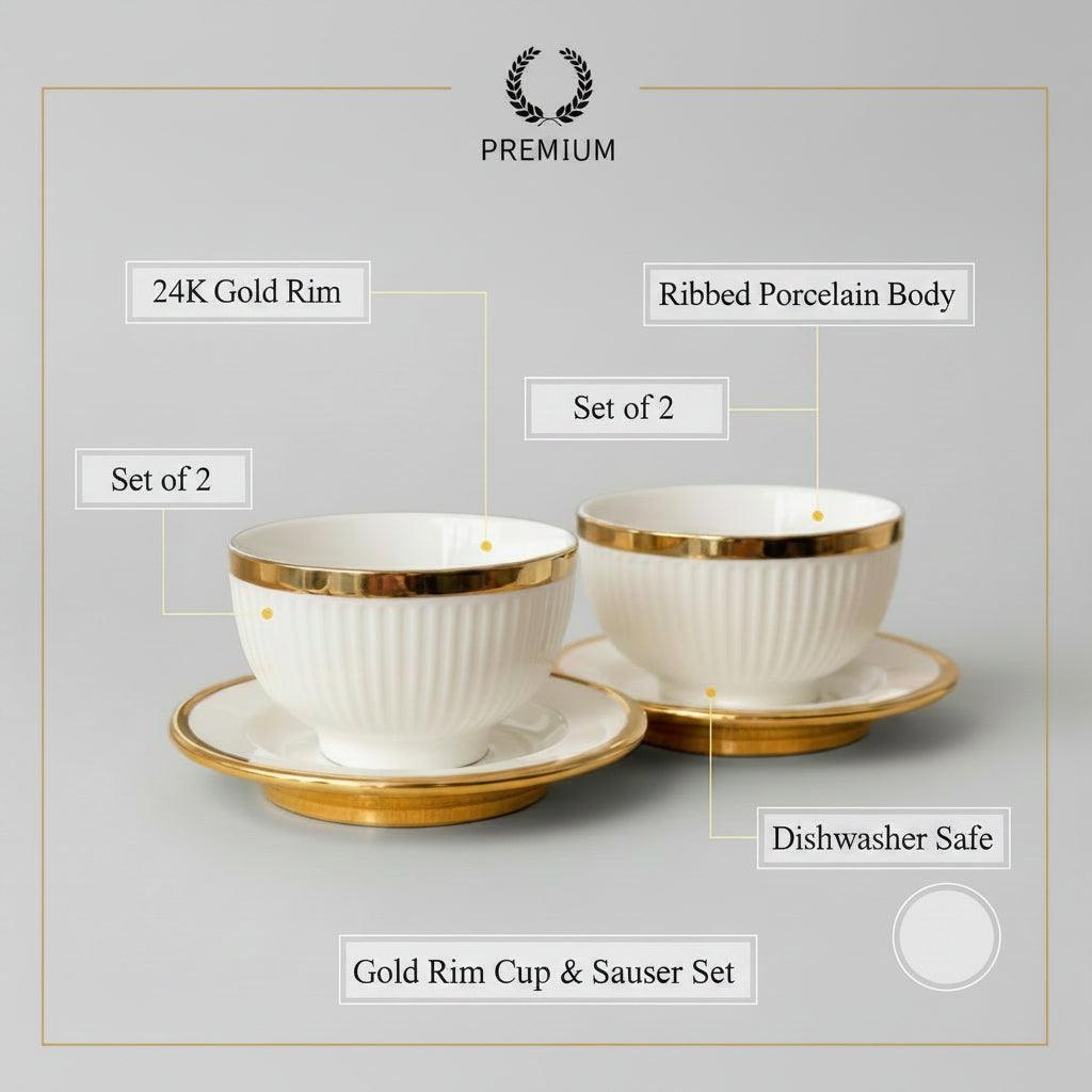 White Ceramic Bowl & Plate Set with Gold Rim(Set of 2)