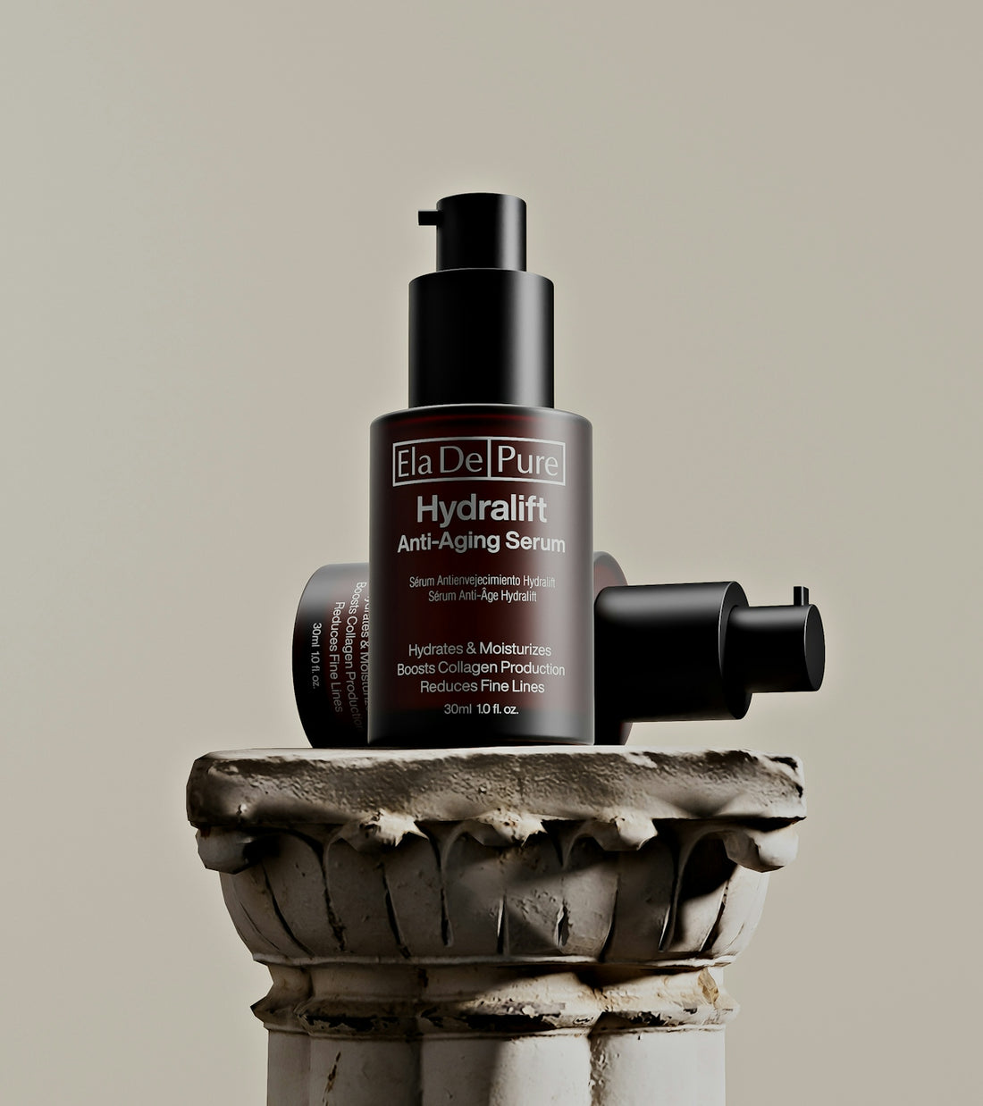 Anti-aging serum bottles are displayed on a pedestal.