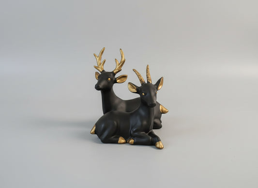 Golden Antler Deer & Gazelle Duo – Modern Matte Black Animal Sculpture Set