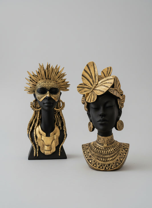 Sovereign Spirit Art Busts – Handcrafted Butterfly & Sun Matriarch Figurine Set