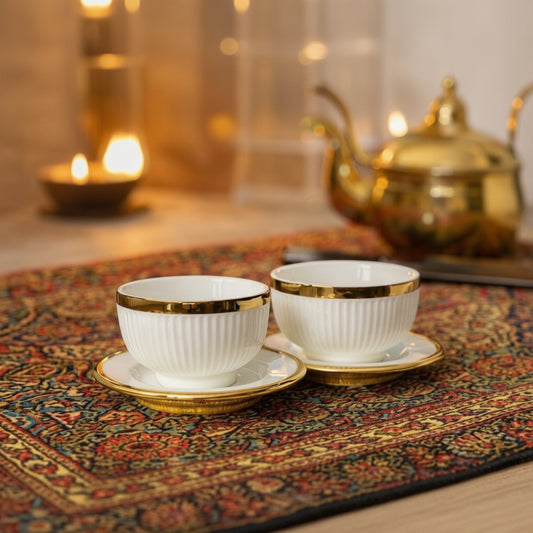 White bowl and plate with gold plated || Set of 2