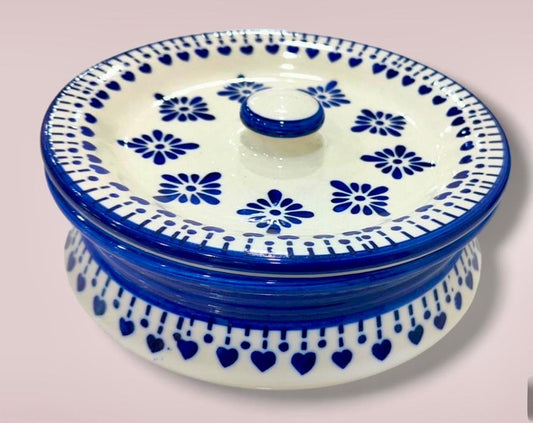 Ceramic Biryani Handi Set with lid, Blue, Black & White Handpainted Rice Pot for Serving dal, Curry |Set of 3 | 1250 ML, 900 ML, 600 ML (Microwave Safe) Wedding Gift for Friends and Family