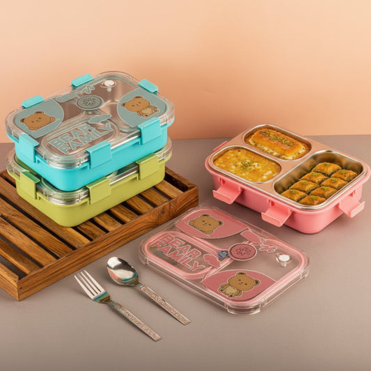 Bear Family 3 Compartment Stainless Steel Lunch Box