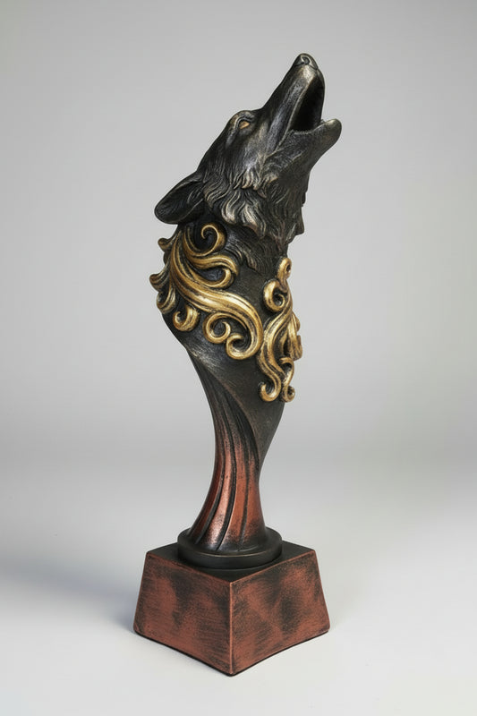 Spirit of the Alpha – Handcrafted Howling Wolf Art Bust with Gold Scrollwork