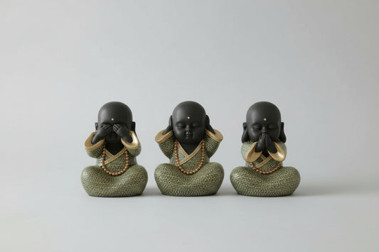 The Serene Trio – Handcrafted Gandhi Baccha Monk Set