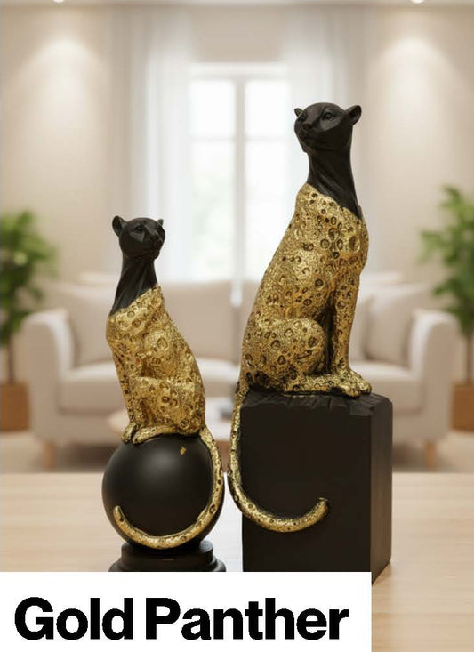 Imperial Panther Duo – Handcrafted Black & Gold Wildcat Sculpture Set