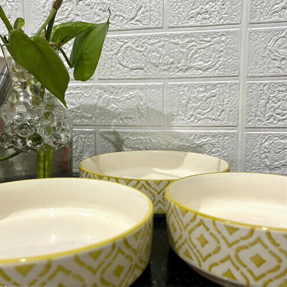 Handcrafted Citron Rim Ceramic Dinnerware Set of 3, Mix Size - 800ml, 600ml, and 500ml | Glossy Finish | Salad, Snack, Pasta Plates | Flat Bowl | Serving Plate | Mix Bowl Plates (Moroccan Yellow)