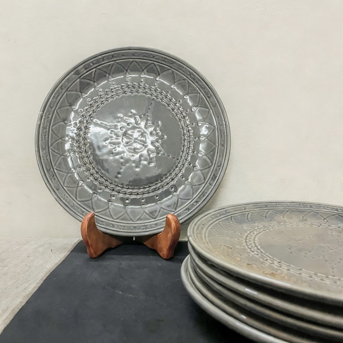 Elegant Slate Grey Embossed Ceramic Plate Set