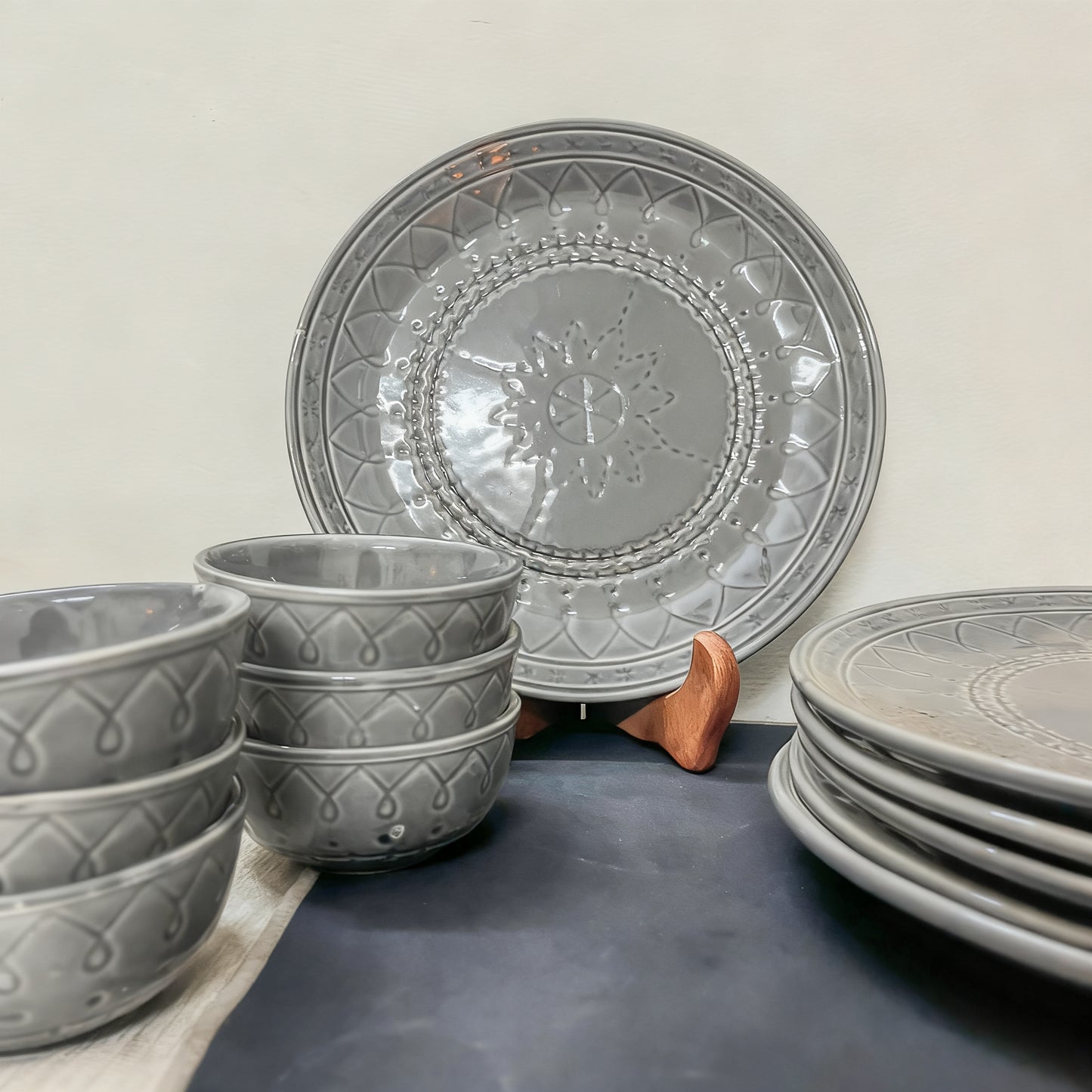 Elegant Slate Grey Embossed Ceramic Plate Set
