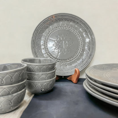 Elegant Slate Grey Embossed Ceramic Plate Set