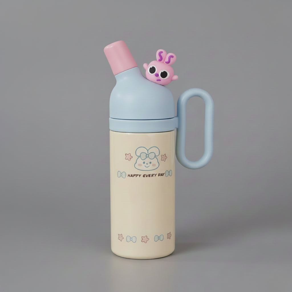 Children's Blue thermos bottle with cartoon character on a gray background