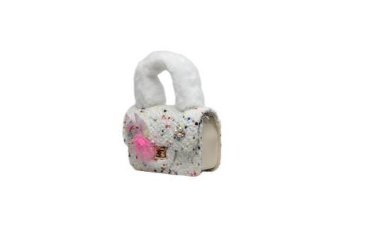 Candy Pop Tweed Mini Clutch – Artisan Handbag with Faux Fur Handle for Kids