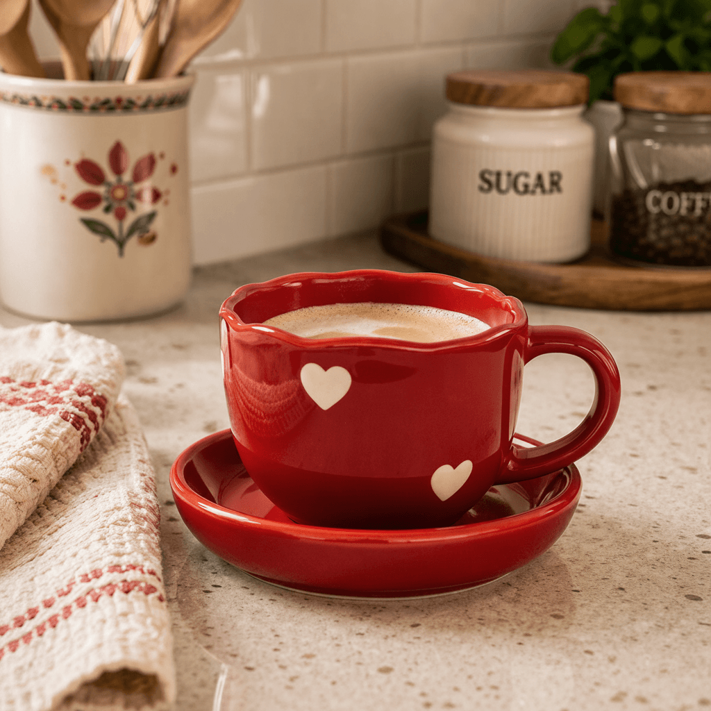 Ceramic Red Heart Coffee/Tea Mug with Saucer