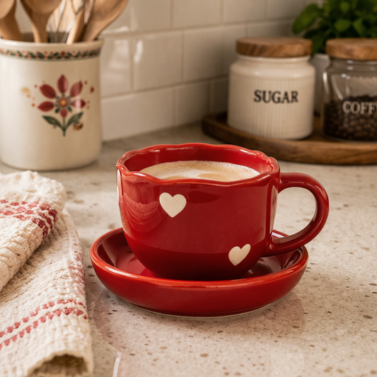 Handpainted Red Heart Ceramic Coffee/Tea Mug - Set of 1 | Pinterest Inspired Gift for Lovers, Friends, Anniversary, Birthdays, Valentines, Boyfriend Girlfriend| Microwave Safe| 350ML