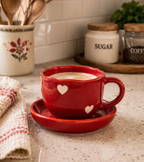 Handpainted Red Heart Ceramic Coffee/Tea Mug - Set of 1 | Pinterest Inspired Gift for Lovers, Friends, Anniversary, Birthdays, Valentines, Boyfriend Girlfriend| Microwave Safe| 350ML