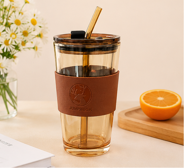 Glass Mason Jar with Heat Resistance Leather Grip