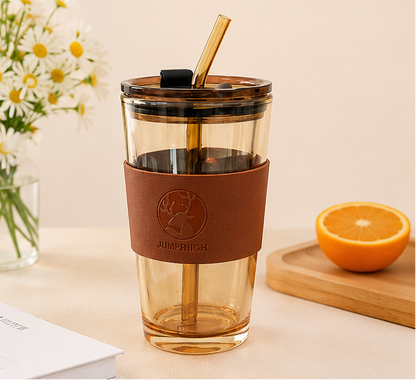 Glass Mason Jar with Heat Resistance Leather Grip
