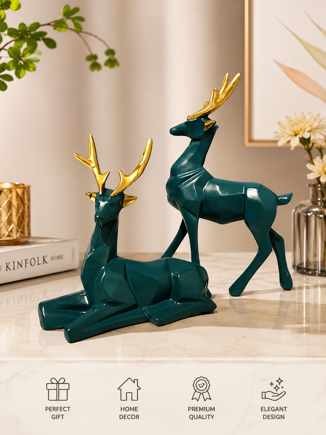 Green Deer/Hiran Showpiece Couple Resin Deers Statue