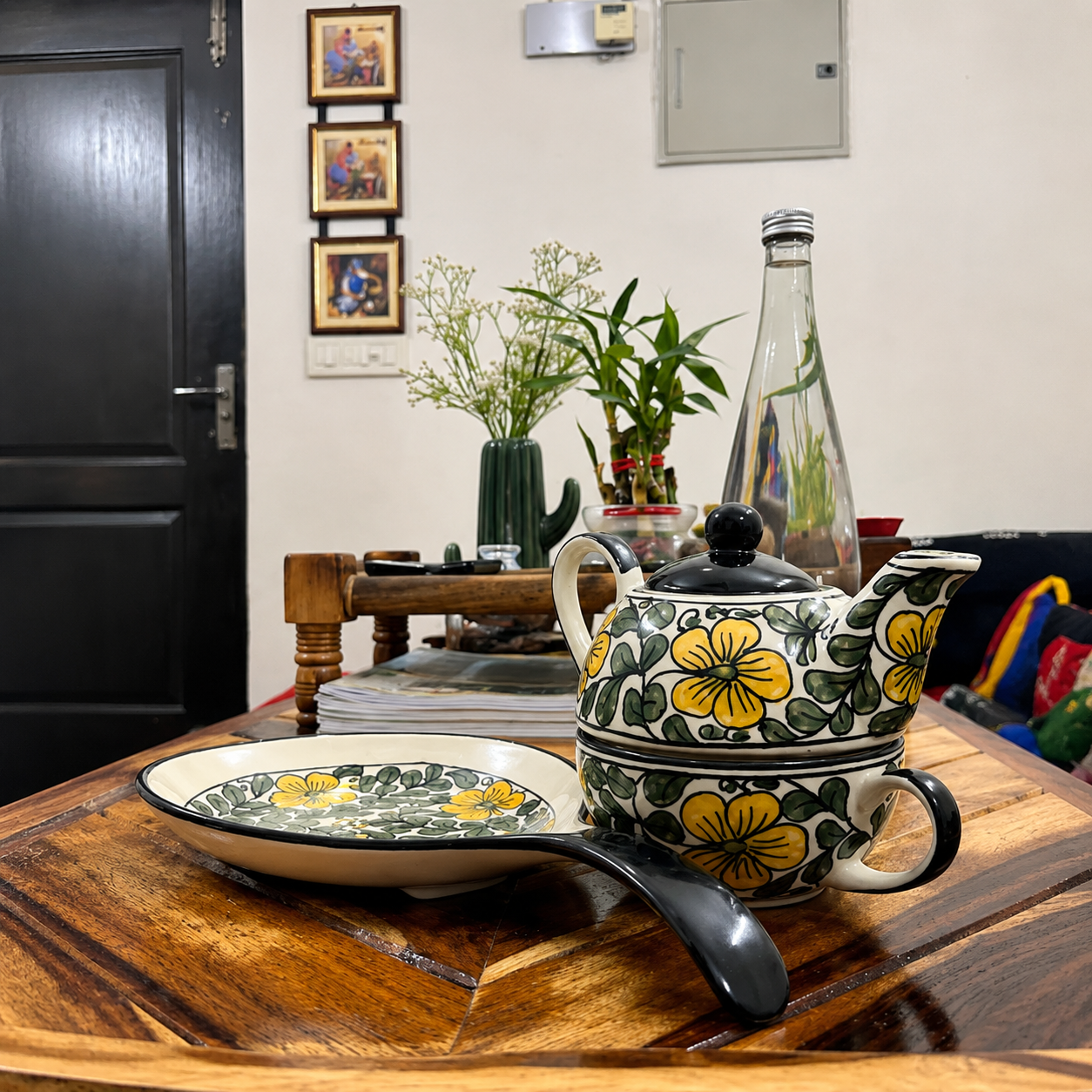 Yellow And Black Floral Print Tea Pot and Cup With Serving Platter(250 ml, 300ml and 400ml)