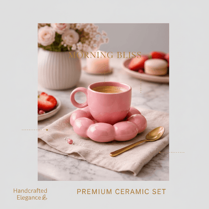 Pink Ceramic Sunflower Bloom Coffee Mug & Saucer