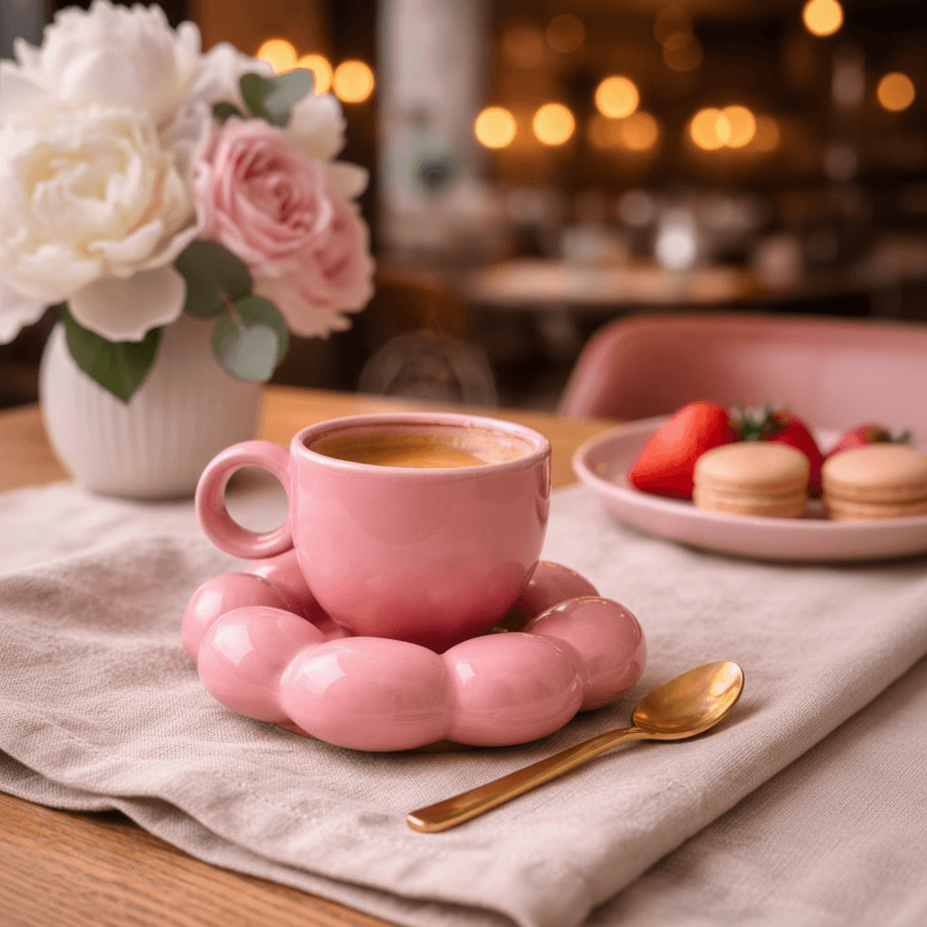 Pink Ceramic Sunflower Bloom Coffee Mug & Saucer