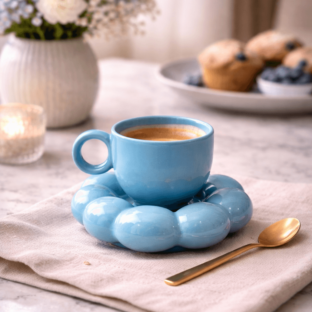 Blue Ceramic Sunflower Bloom Coffee Mug & Saucer