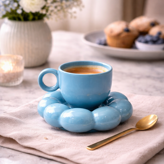 Premium Blue Ceramic Sunflower Bloom Coffee Mug with Stylish Bubble Base Saucer Set | Designer Cup | Modern Aesthetic Drinkware | Unique Gift Mug for Home & Office | Microwave Safe | Daily Use - 350ml Capacity