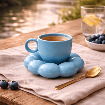 Blue Ceramic Sunflower Bloom Coffee Mug & Saucer
