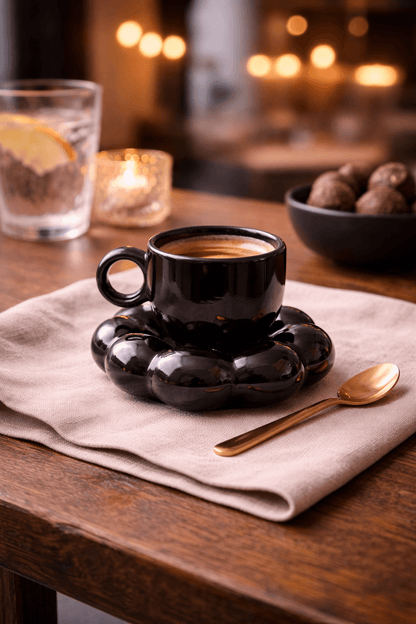 Black Ceramic Sunflower Bloom Coffee Mug & Saucer
