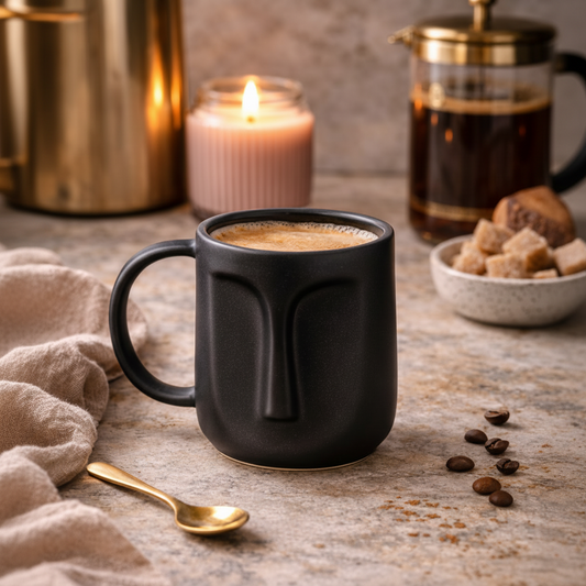 Handcrafted Matte Black Face Mug - 300 ML, Gift for Anniversary, Birthday, Boyfriend, Girlfriend, Coffee & Tea Lovers, Valentine's Day ||Microwave safe(Pack of 1)