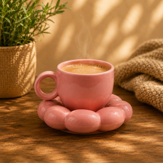 Premium Pink Ceramic Sunflower Bloom Coffee Mug with Stylish Bubble Base Saucer Set | Designer Cup | Modern Aesthetic Drinkware | Unique Gift Mug for Home & Office | Microwave Safe | Daily Use - 350ml Capacity